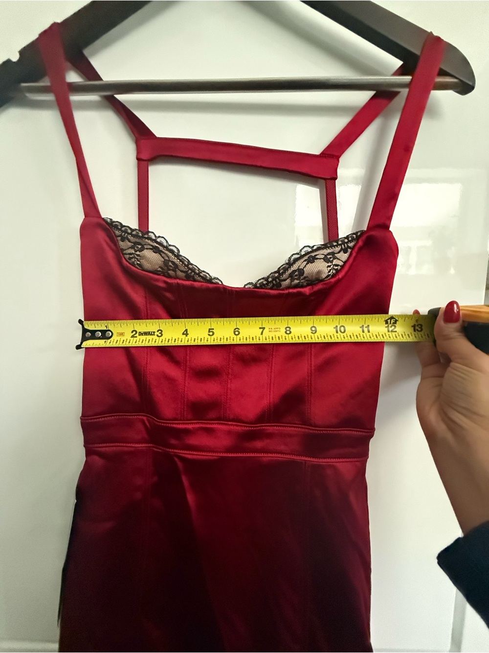 bebe Red Satin Lace-Trim Midi Dress with Strappy Neckline - Picture 4 of 5